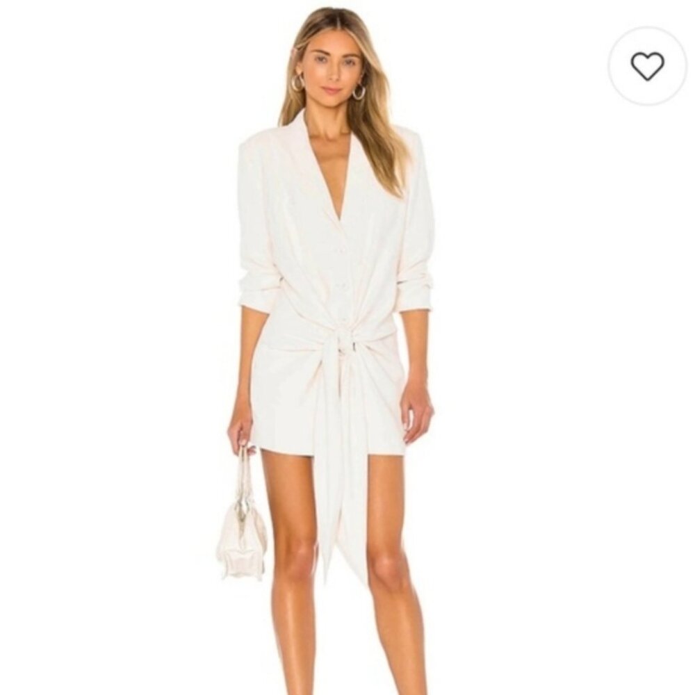L'Academie The Rosemarie Mini Dress XS Ivory Front Tie Buttons Padded Shoulders